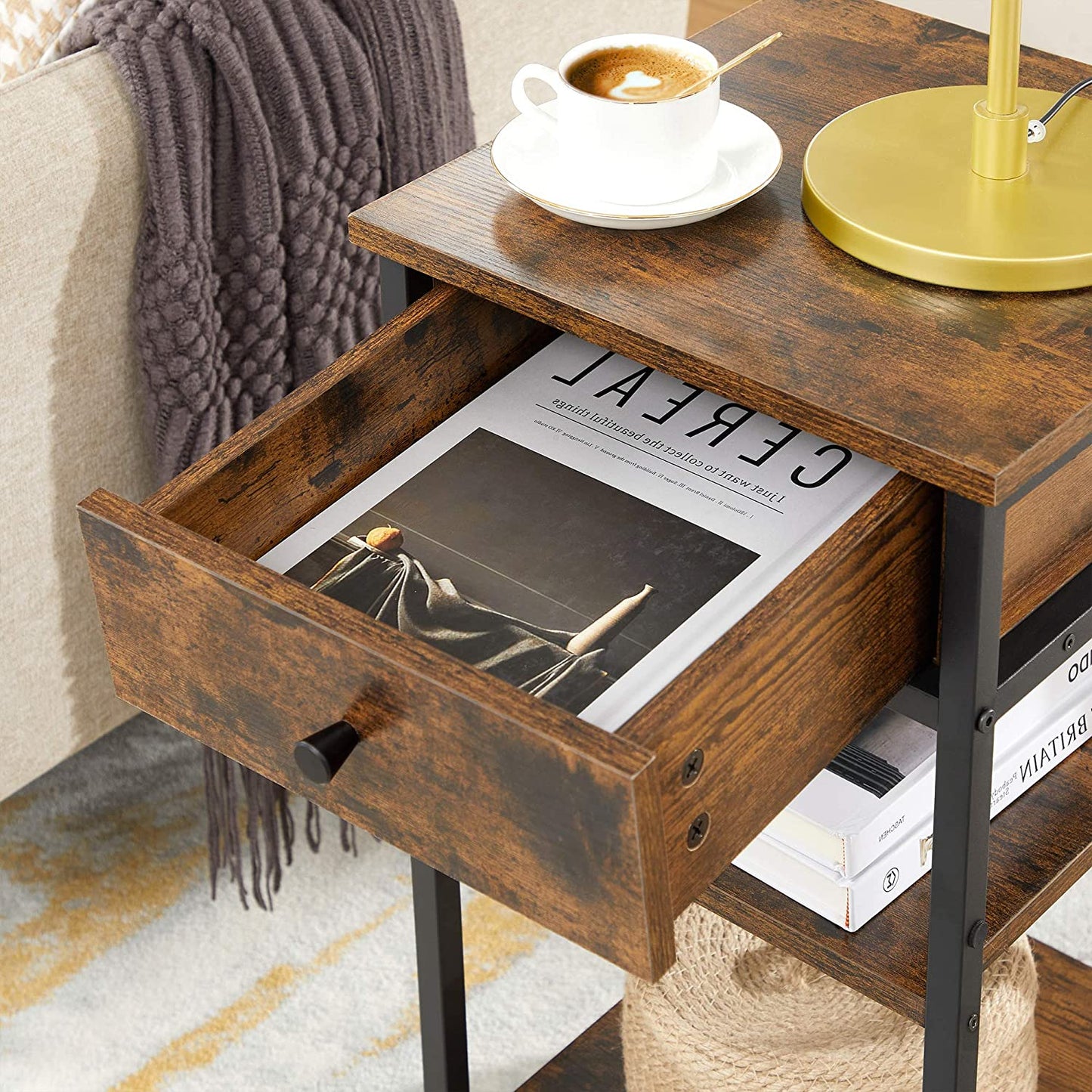 Nancy's Meridian Bedside Table - Side Table - Drawer - 2 Shelves - 35 x 35 x 70 cm - Engineered Wood - Metal - Industrial - Brown - Black