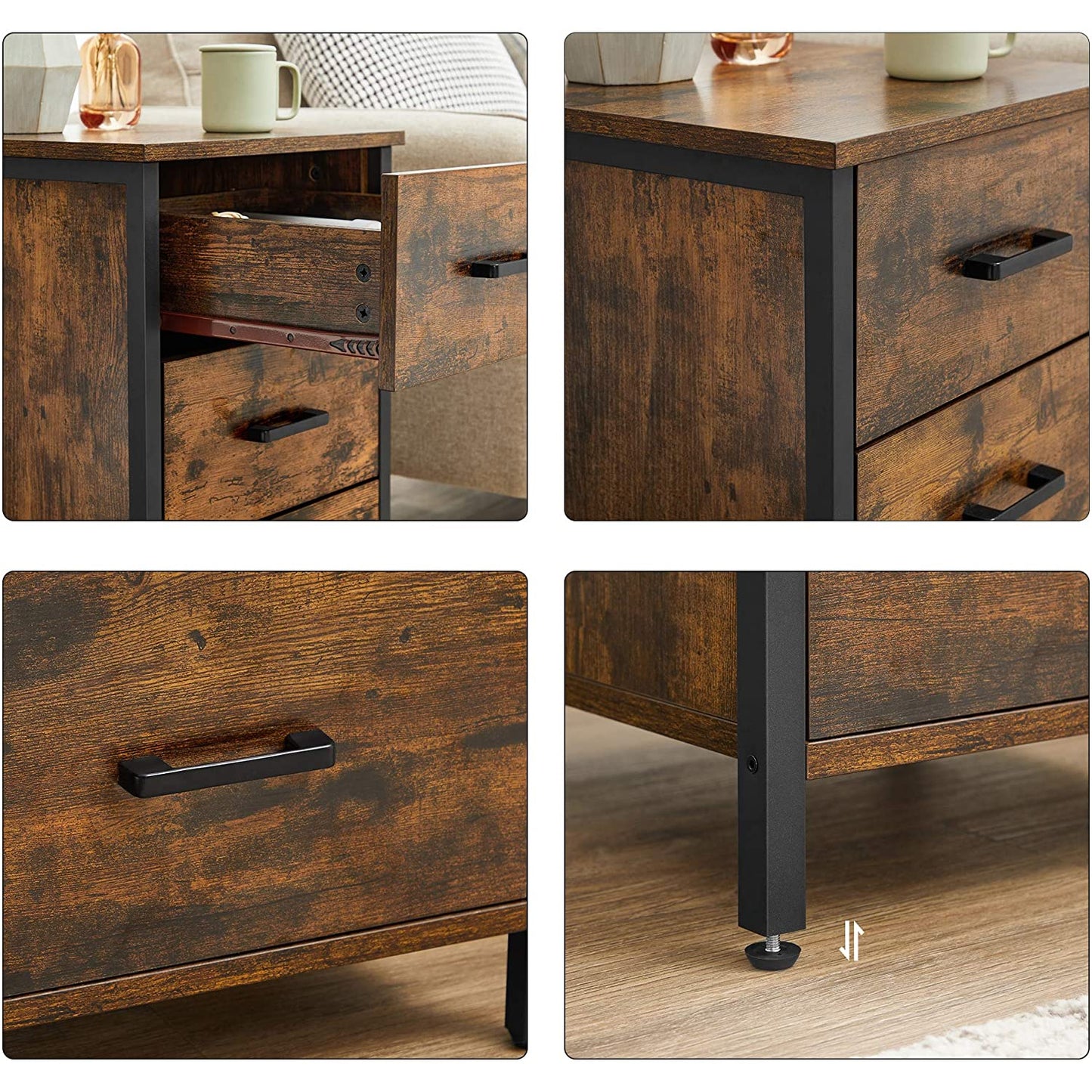 Nancy's Porterville Bedside table - Chest of drawers - Side table - 3 Drawers - Industrial - Brown - Black - Engineered Wood - Metal - 40 x 40 x 60 cm