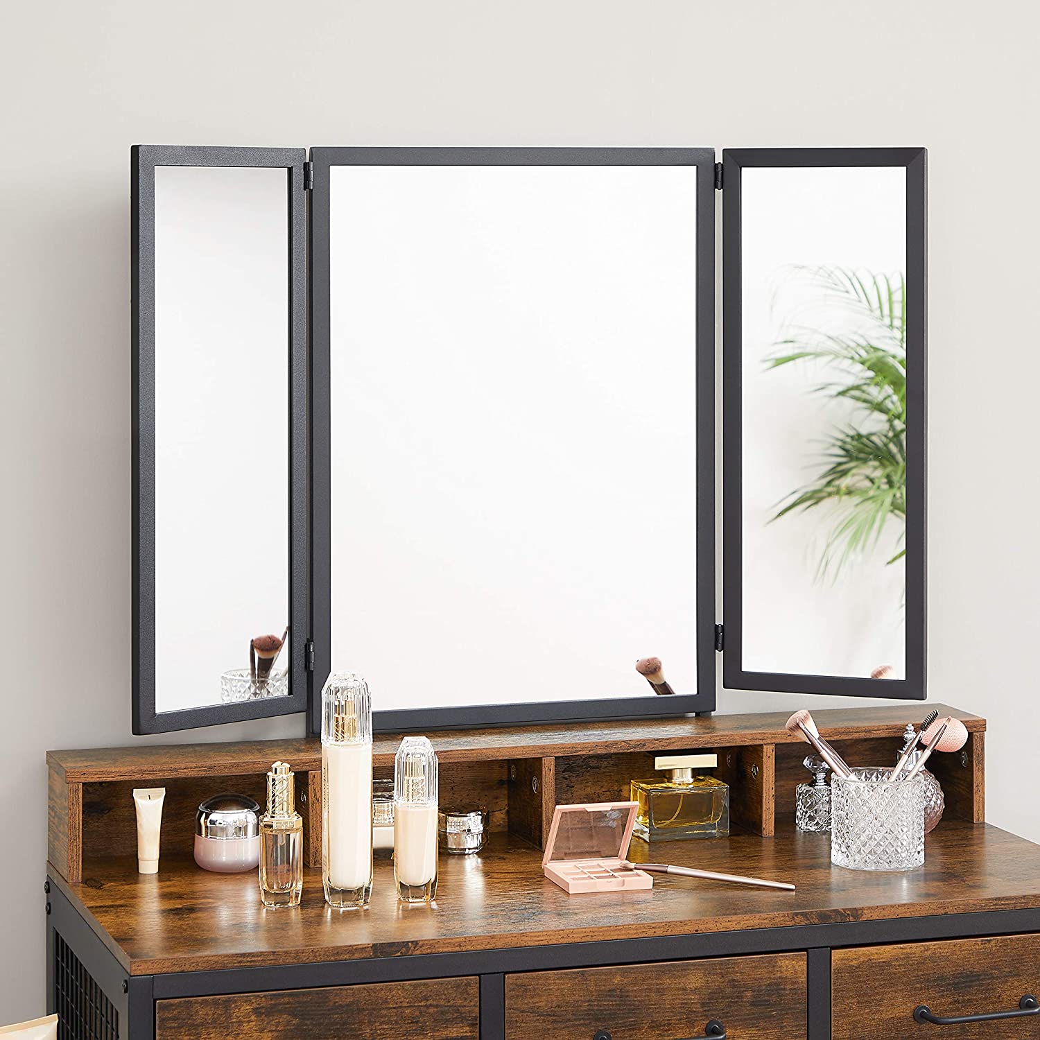 Nancy's Kelly Make-up Tafel - Kaptafel - Spiegel - Inclusief Kruk - Vintage Bruin / Zwart - ± 90 x 40 x 140 cm