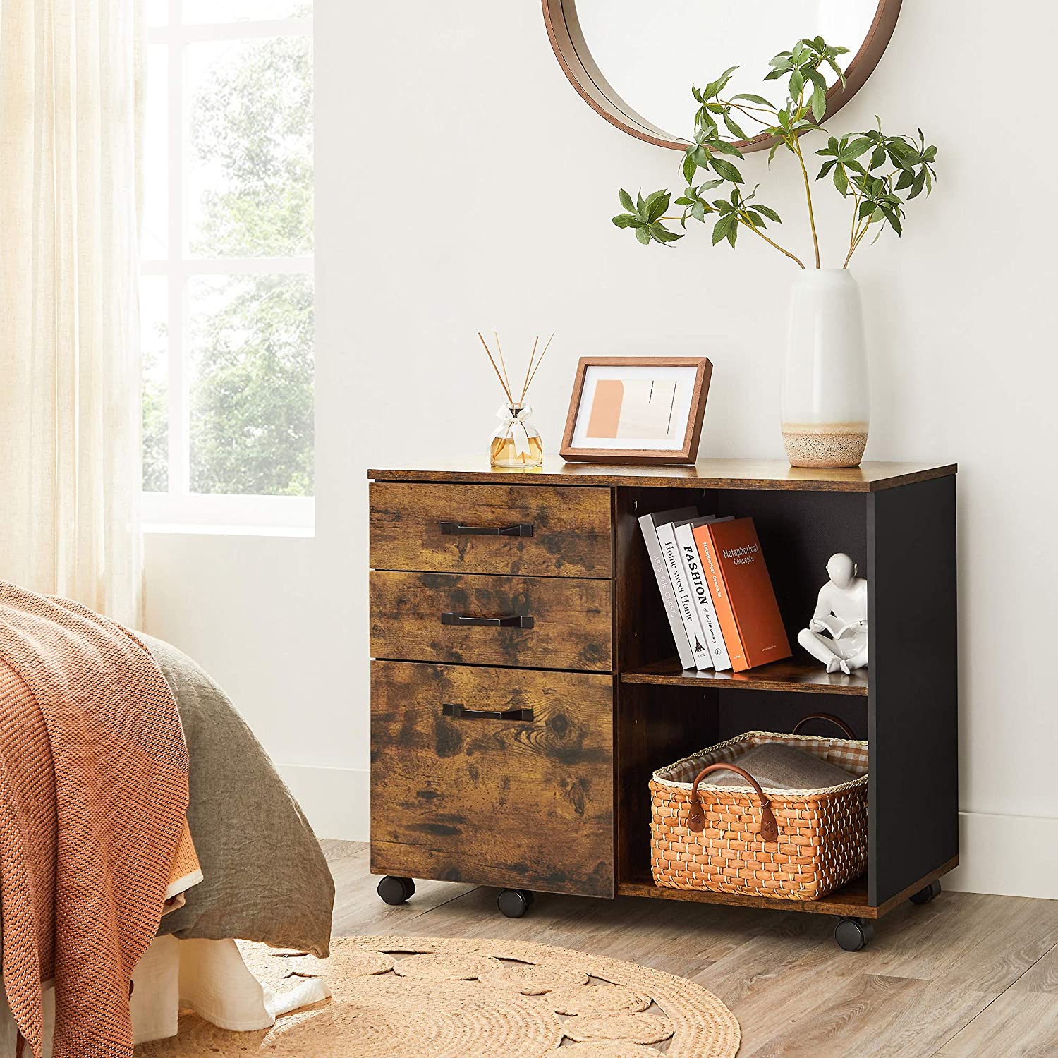 Nancy's Madras Archiefkast - Rolcontainer - Ladekast - Op Wieltjes - Opbergvakken - Industrieel - Bruin - Zwart - Bewerkt Hout - Metaal - 80 x 40 x 66 cm
