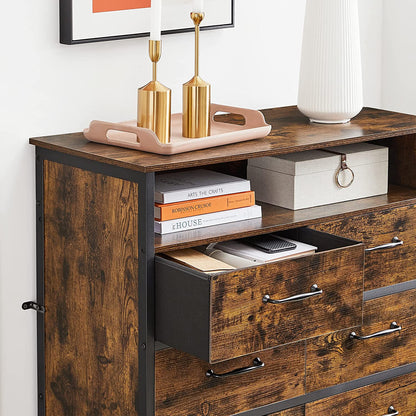 Nancy's Goldfield Ladekast - Dressoir - Sideboard - 8 Lades - Industrieel - MDF - Metaal - Bruin - Zwart - 87,5 x 40 x 106 cm