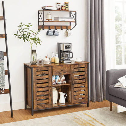Nancy's Graniteville Dressoir - Keukenkast - Lade - Openslaande Deuren - Industrieel - Bewerkt Hout - Metaal - Bruin - Zwart - 100 x 35 x 75 cm