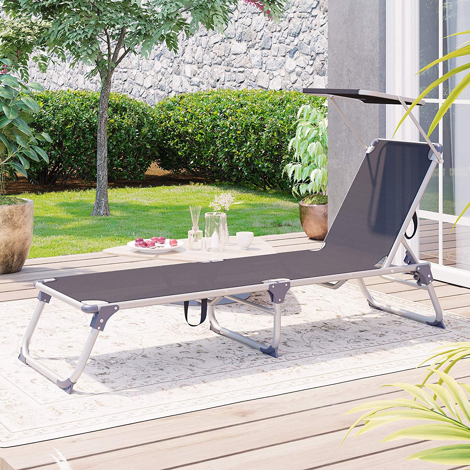 Nancy's Goulds Ligstoel - Zonnedak. - Strandbed - Rugleuning Verstelbaar - Antraciet - 55 x 193 x 31 cm
