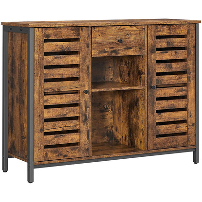 Nancy's Graniteville Dressoir - Keukenkast - Lade - Openslaande Deuren - Industrieel - Bewerkt Hout - Metaal - Bruin - Zwart - 100 x 35 x 75 cm