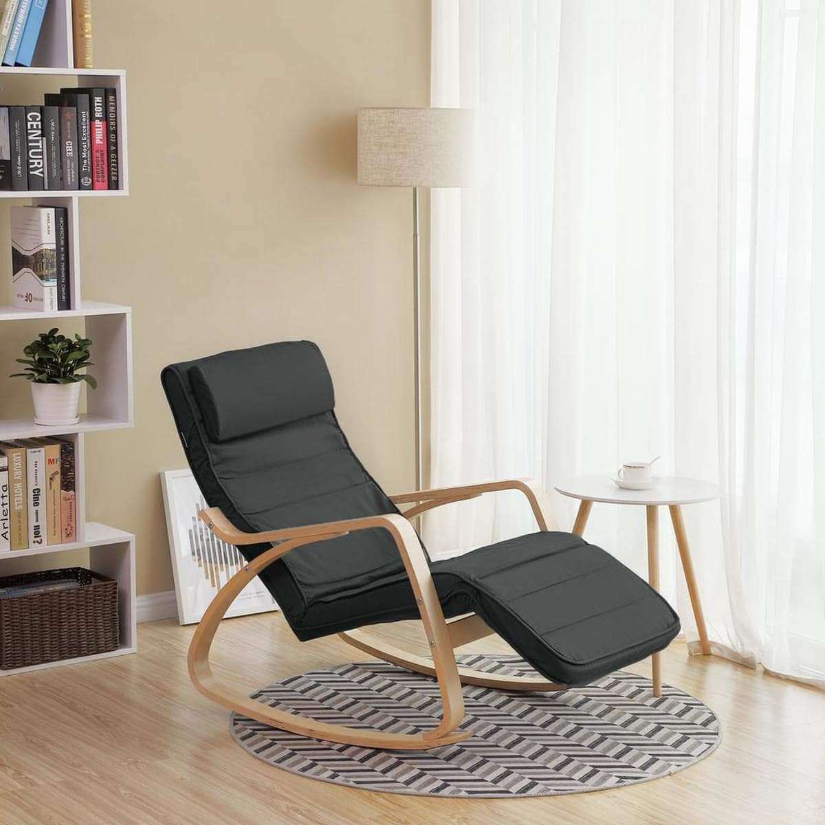 Chaise à bascule Nancy avec repose-pieds - Chaise longue réglable - Chaise de relaxation - Tissu en lin - Gris