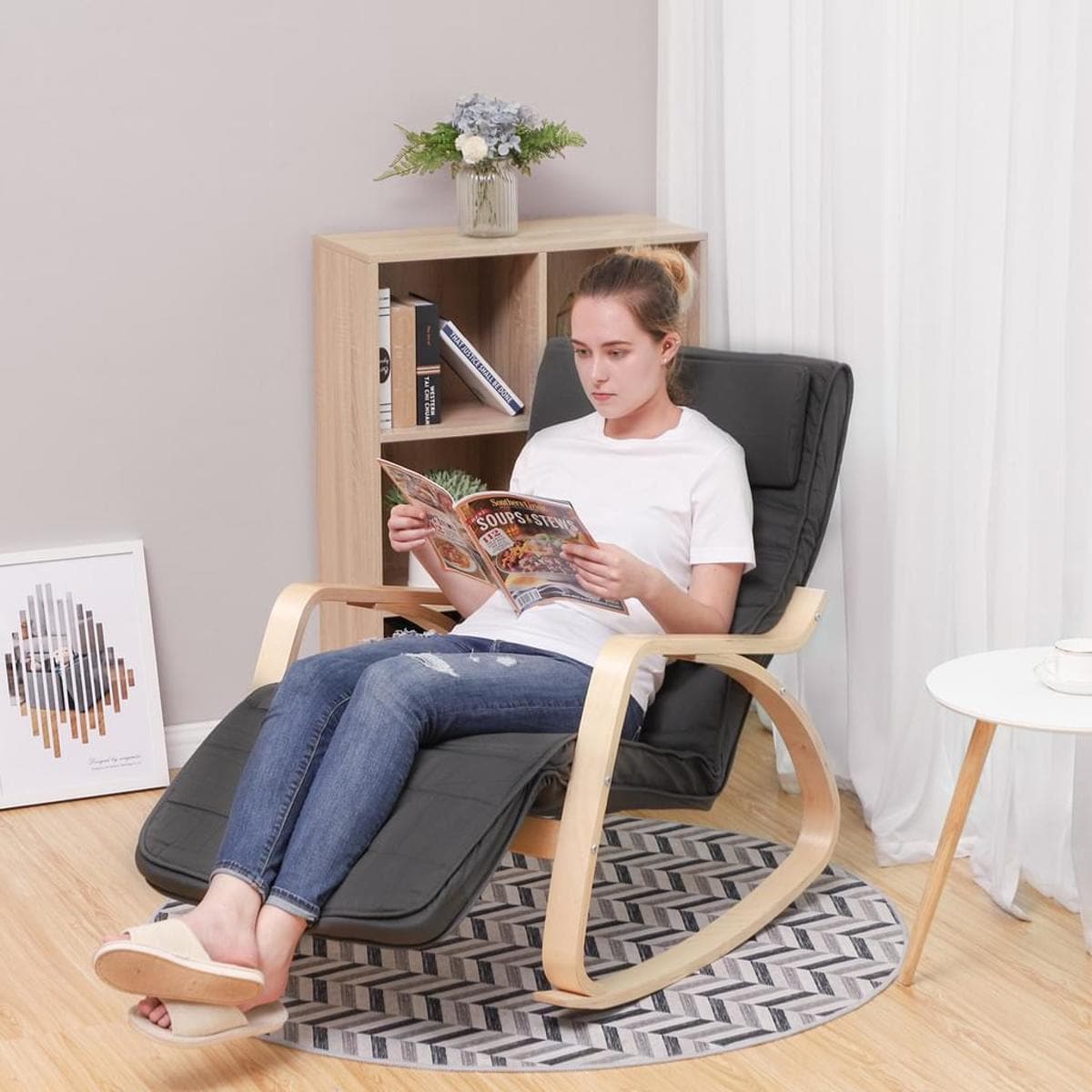 Nancy's Suba Schommelstoel - Relax Stoel - Loungestoel - Donkergrijs - Katoen / Berkenhout