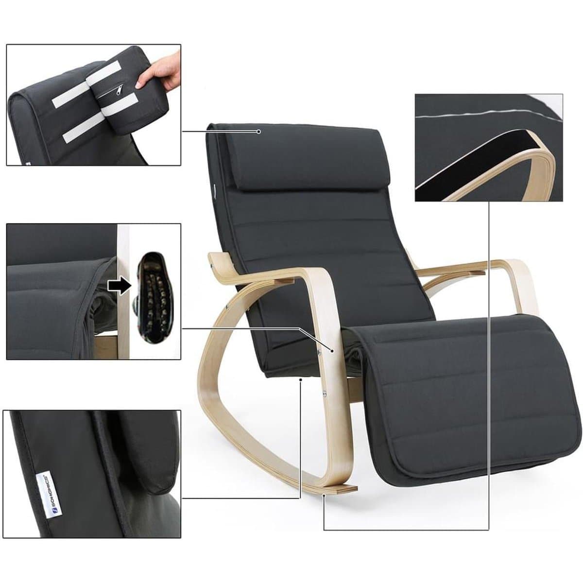 Nancy's Suba Schommelstoel - Relax Stoel - Loungestoel - Donkergrijs - Katoen / Berkenhout