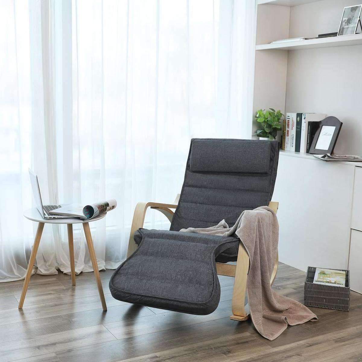Nancy's Shobie Schommelstoel - Loungestoel - Relax Fauteuil - Donkergrijs - Imitatielinnen / Berkenhout
