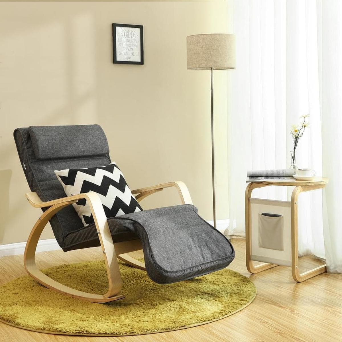 Nancy's Shobie Schommelstoel - Loungestoel - Relax Fauteuil - Donkergrijs - Imitatielinnen / Berkenhout