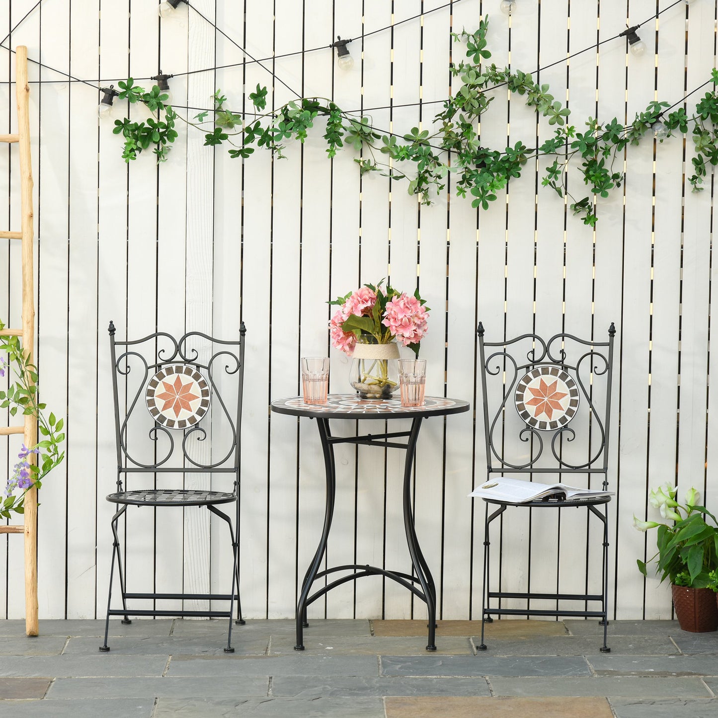 Nancy's Bettendorf Tuinsetgroep- Bistroset - 3-Delig Mozaiektafel - 2 Opklapbare Stoelen - Metaal - Veelkleurig