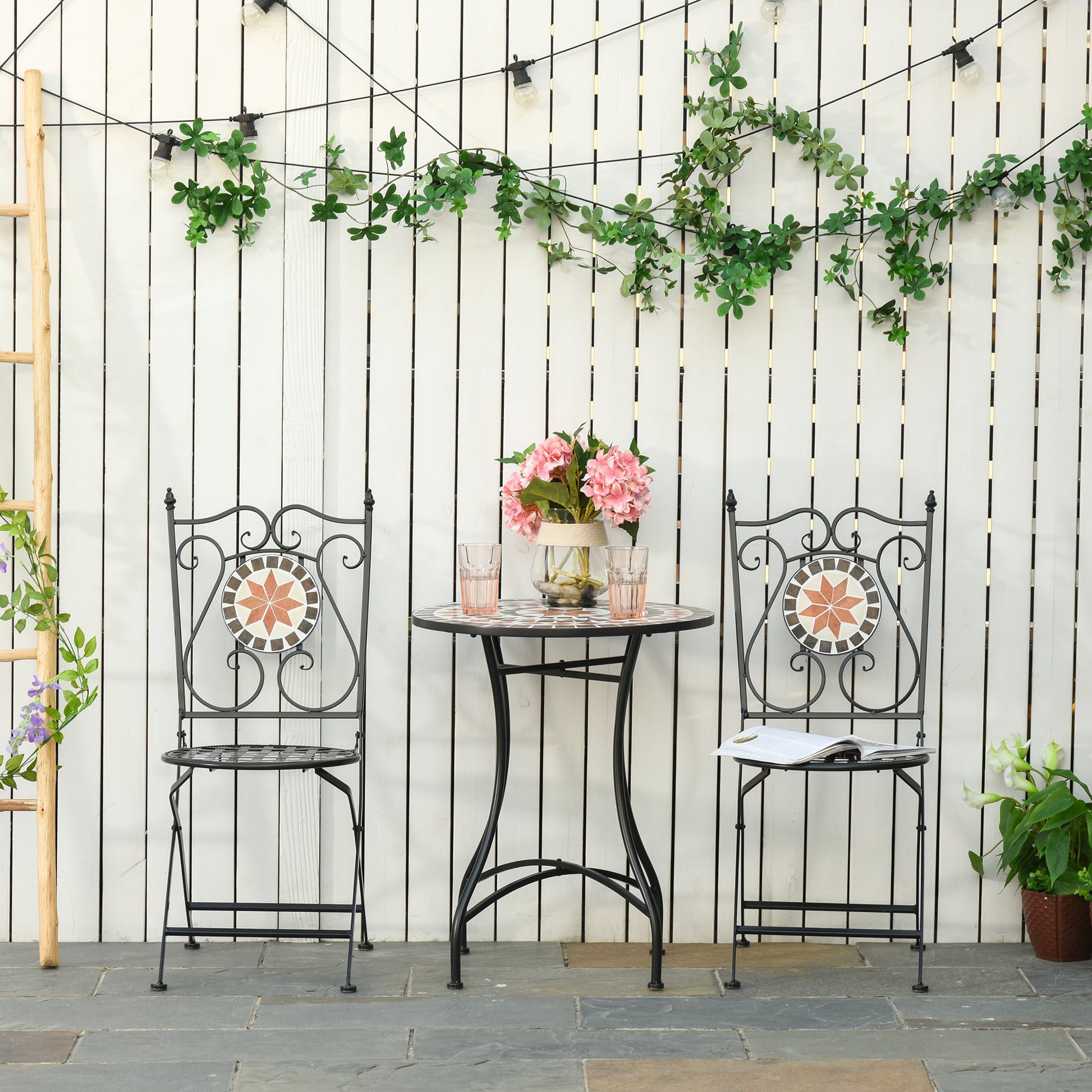 Nancy's Bettendorf Tuinsetgroep- Bistroset - 3-Delig Mozaiektafel - 2 Opklapbare Stoelen - Metaal - Veelkleurig