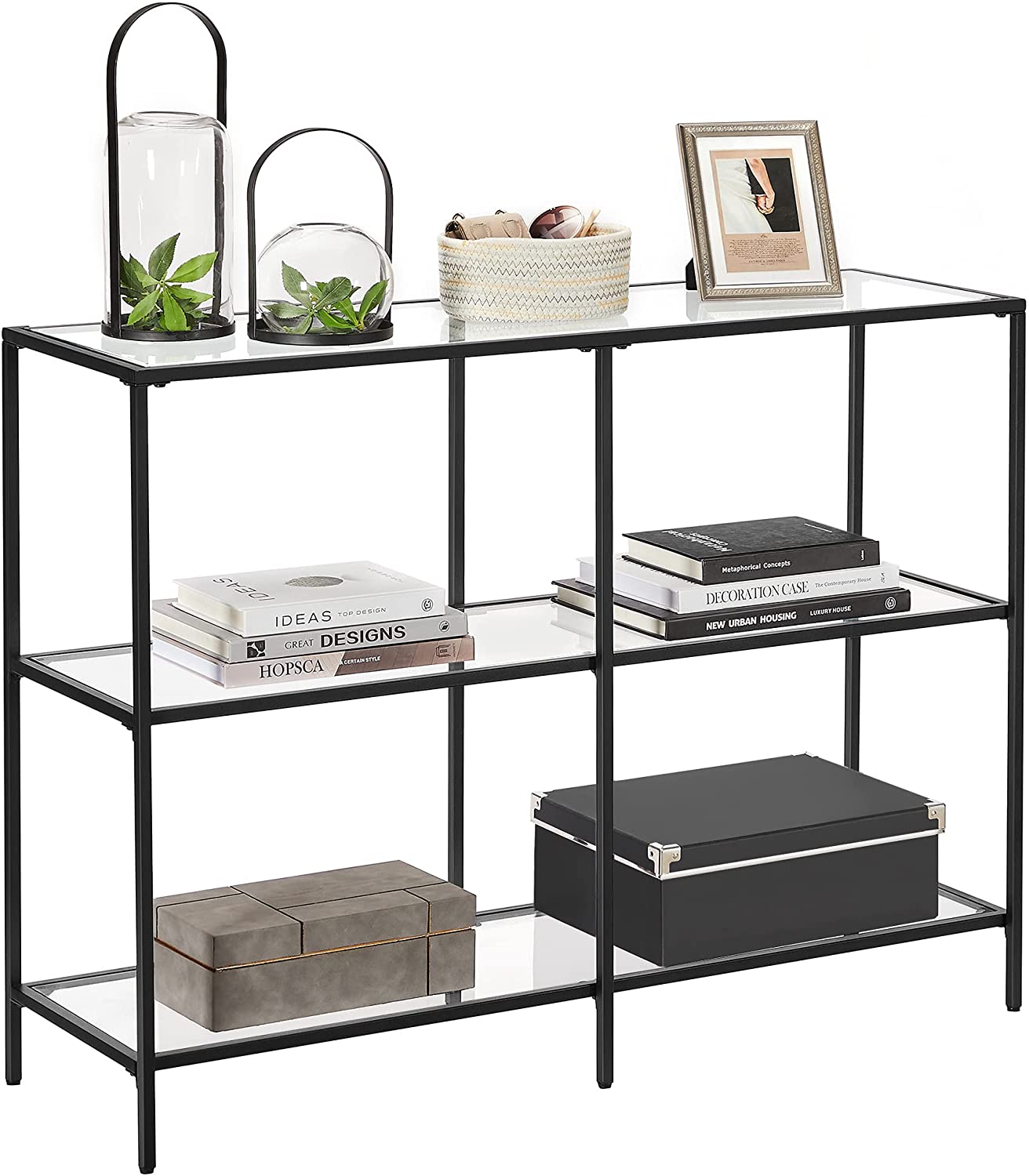Nancy’s Chacacal Sidetable - Consoletafel - Bijzettafel - met Gehard Glas - Modern - Zwart - Staal - ± 100 x 30 x 70 cm