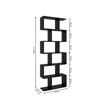 Nancy's Bexley Boekenkast - Open Kast - 6 Vakken - Bewerkt Hout - MDF - Zwart - Bruin - 70 x 23.5 x 190.5 cm