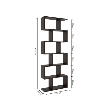 Nancy's Bexley Boekenkast - Open Kast - 6 Vakken - Bewerkt Hout - MDF - Zwart - Bruin - 70 x 23.5 x 190.5 cm