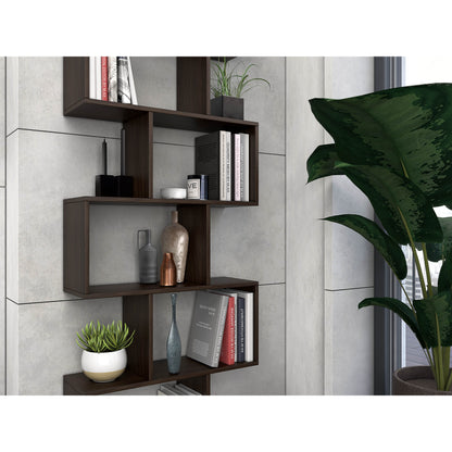 Nancy's Bexley Boekenkast - Open Kast - 6 Vakken - Bewerkt Hout - MDF - Zwart - Bruin - 70 x 23.5 x 190.5 cm