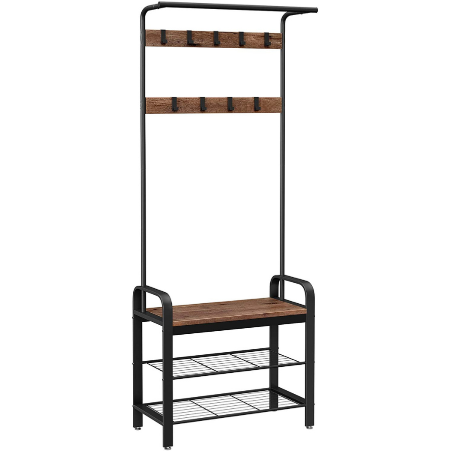 Nancy's Sheffield Garderoberek - Kapstok - Schoenenrek en Bank - Grijs / Zwart - ± 70 x 35 x 180 cm