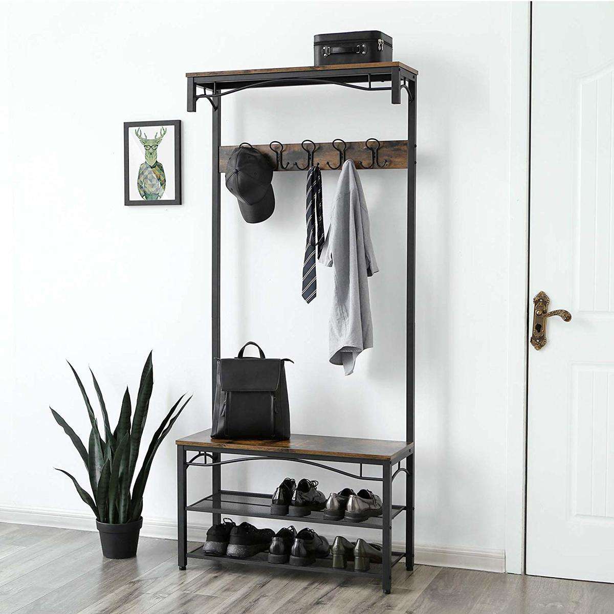 Nancy's Glencoe Garderoberek - Kapstok - Schoenenrek - Vintage Bruin / Zwart - ± 80 x 30 x 180 cm