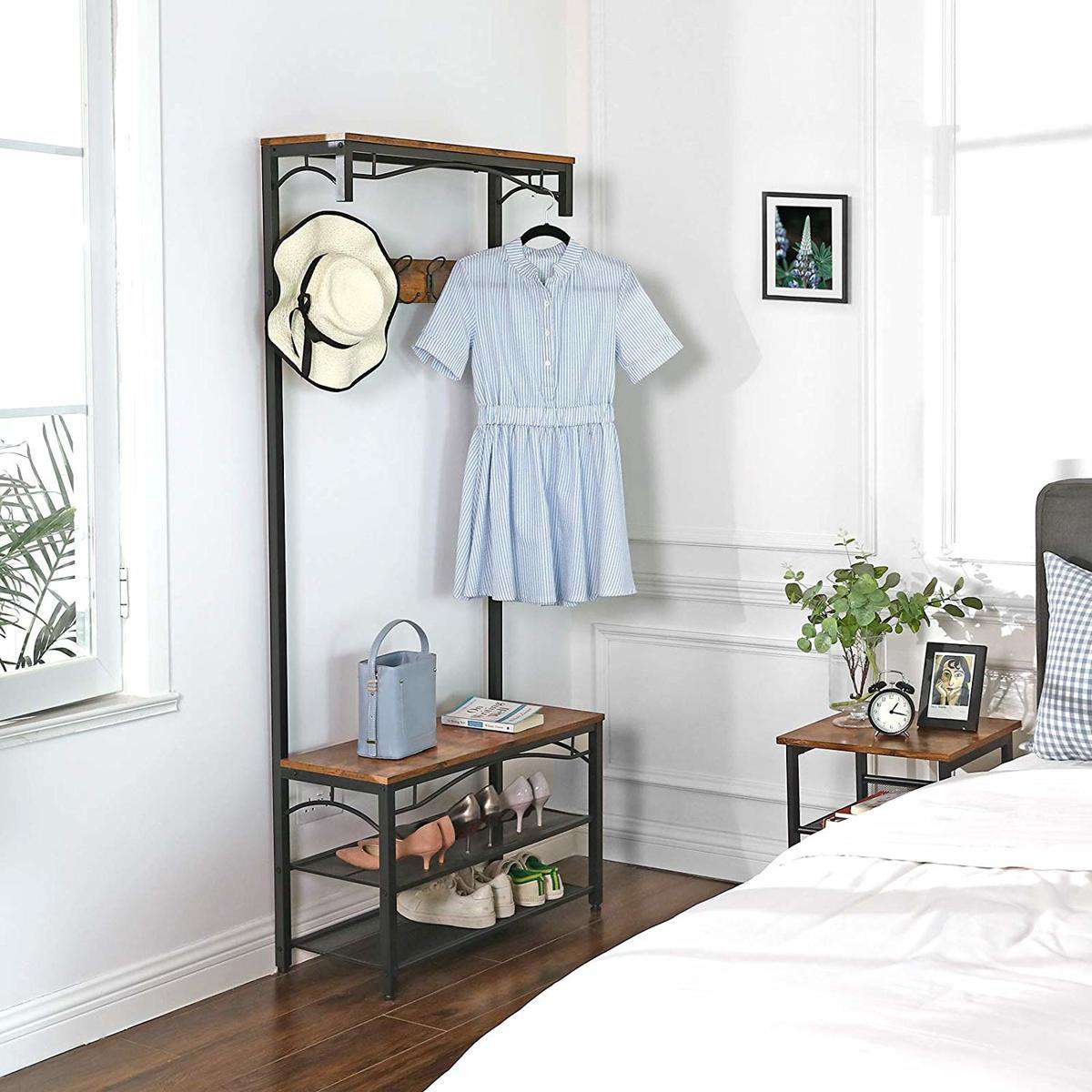 Nancy's Glencoe Garderoberek - Kapstok - Schoenenrek - Vintage Bruin / Zwart - ± 80 x 30 x 180 cm