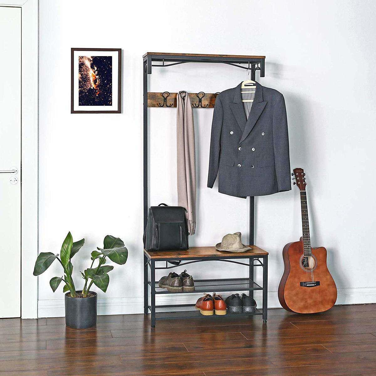 Nancy's Glencoe Garderoberek - Kapstok - Schoenenrek - Vintage Bruin / Zwart - ± 80 x 30 x 180 cm