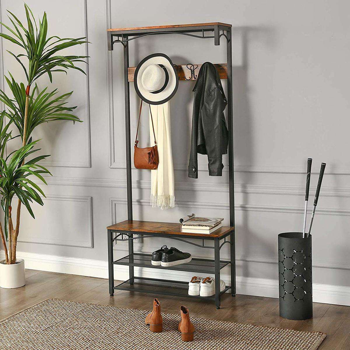 Nancy's Glencoe Garderoberek - Kapstok - Schoenenrek - Vintage Bruin / Zwart - ± 80 x 30 x 180 cm