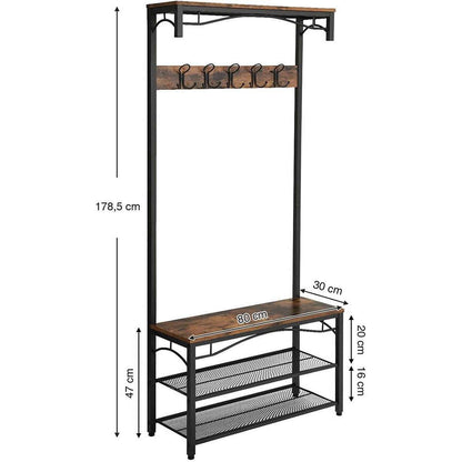 Nancy's Glencoe Garderoberek - Kapstok - Schoenenrek - Vintage Bruin / Zwart - ± 80 x 30 x 180 cm