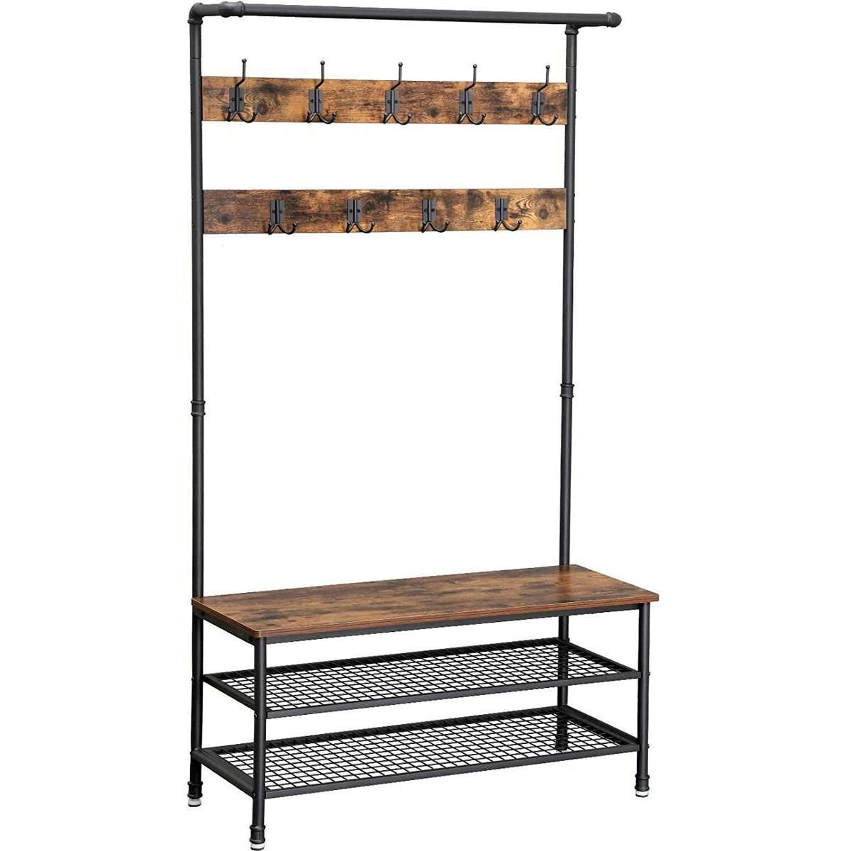 Nancy's Lisle Garderoberek met Kapstok - Schoenenrek - Vintage Bruin / Zwart - ± 100 x 40 x 180 cm