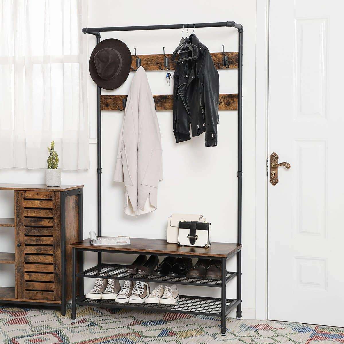 Nancy's Lisle Garderoberek met Kapstok - Schoenenrek - Vintage Bruin / Zwart - ± 100 x 40 x 180 cm