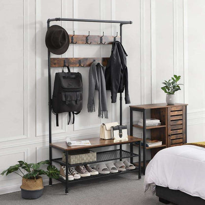 Nancy's Lisle Garderoberek met Kapstok - Schoenenrek - Vintage Bruin / Zwart - ± 100 x 40 x 180 cm