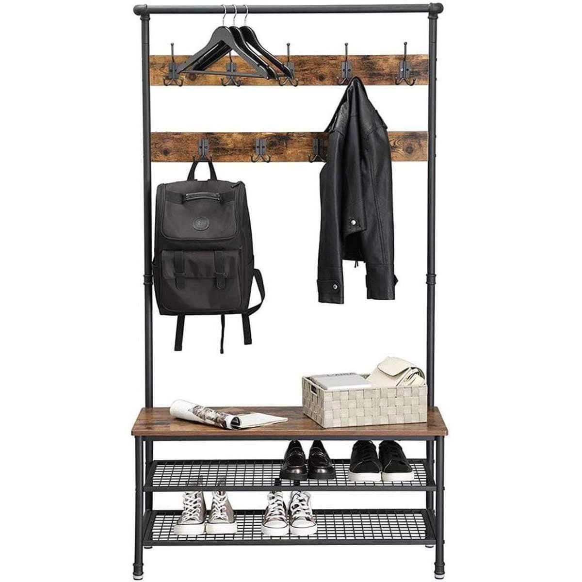 Nancy's Lisle Garderoberek met Kapstok - Schoenenrek - Vintage Bruin / Zwart - ± 100 x 40 x 180 cm