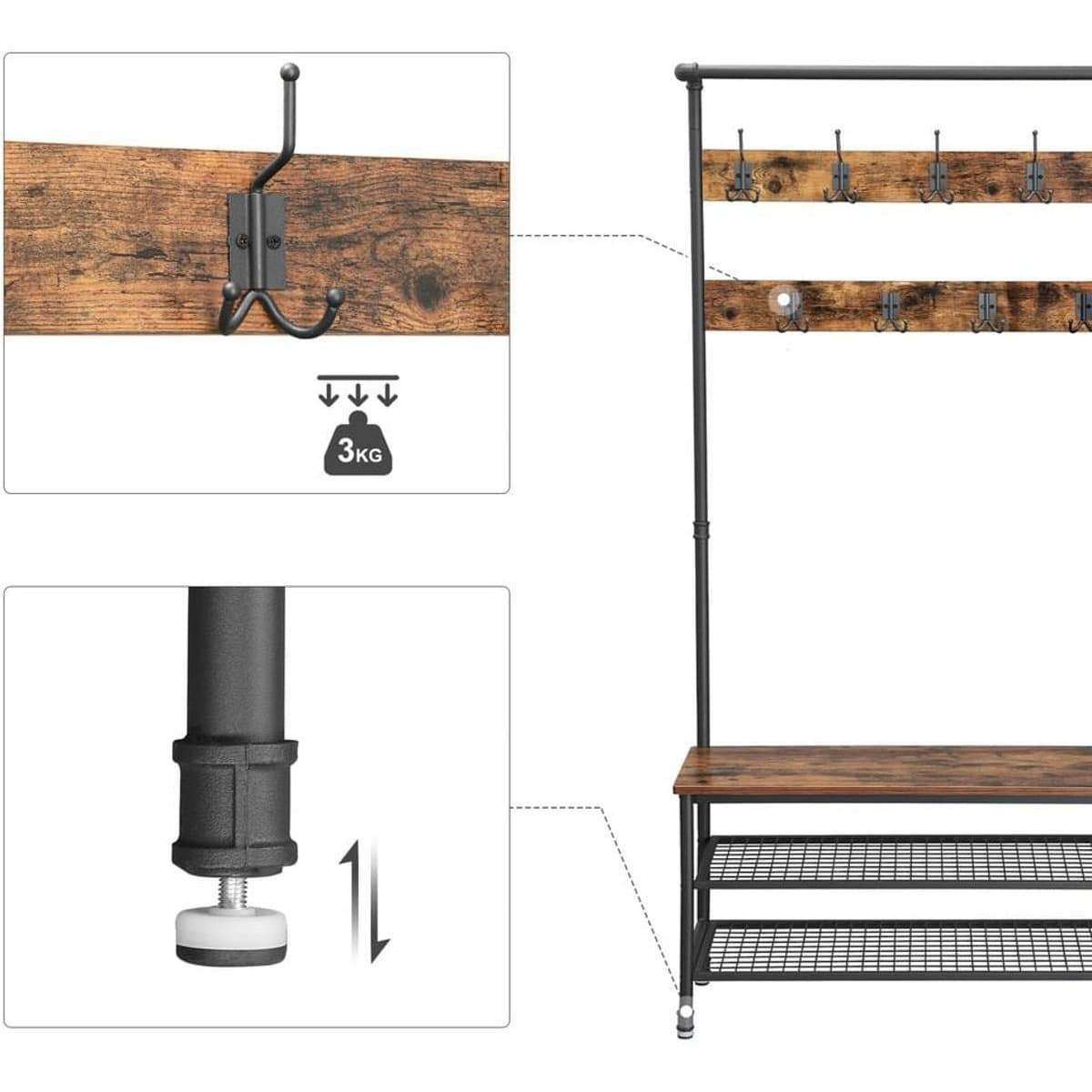 Nancy's Lisle Garderoberek met Kapstok - Schoenenrek - Vintage Bruin / Zwart - ± 100 x 40 x 180 cm