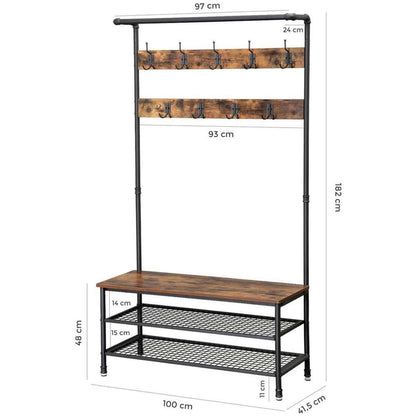 Nancy's Lisle Garderoberek met Kapstok - Schoenenrek - Vintage Bruin / Zwart - ± 100 x 40 x 180 cm