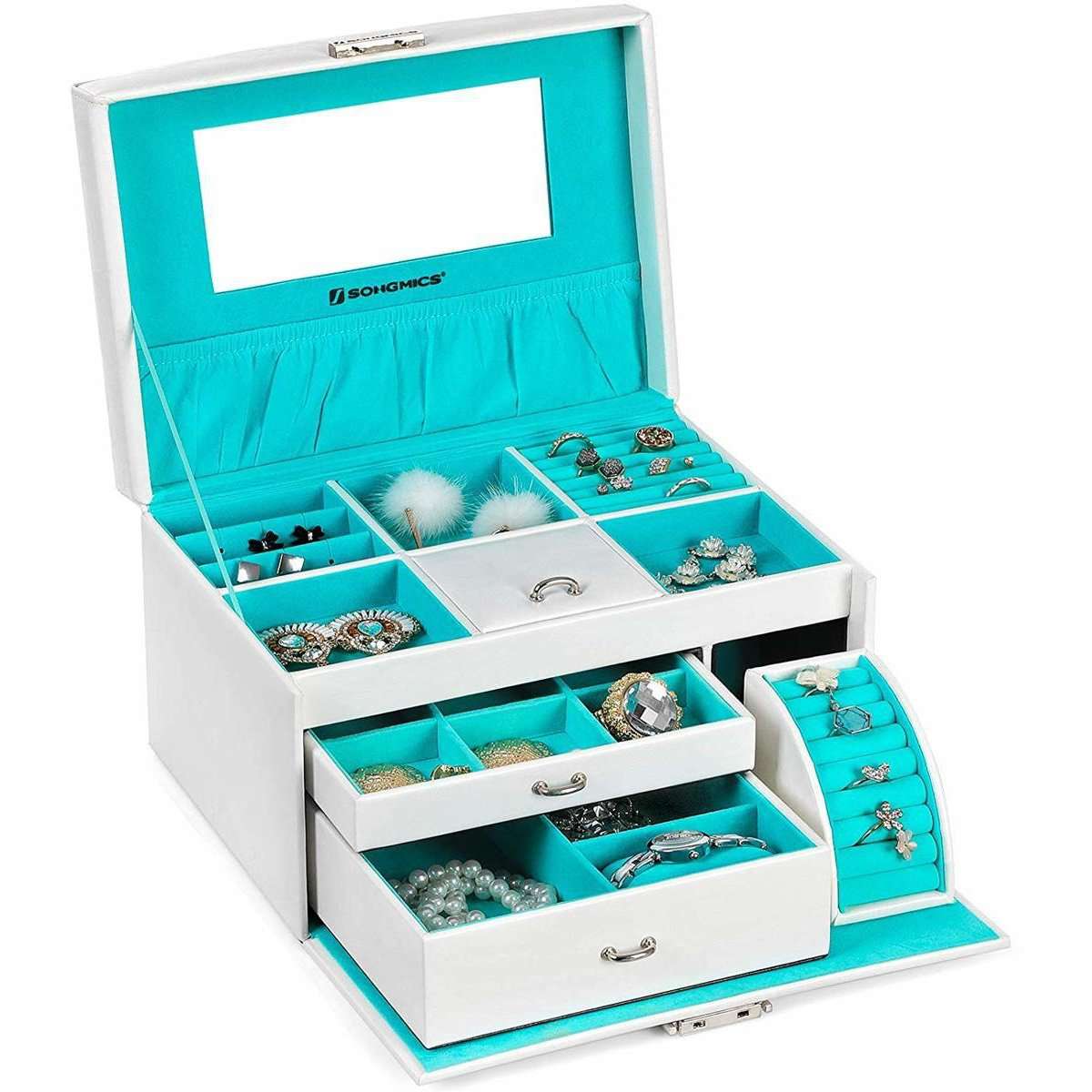 Nancy's Jewelry Box Blanc - Boîte à bijoux avec miroir - Trousse à cosmétiques