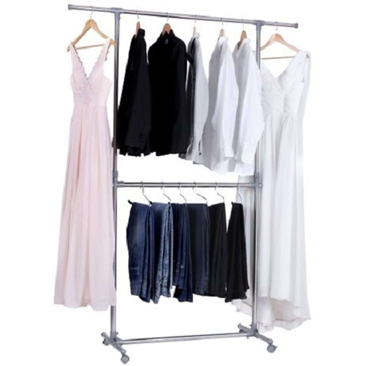 Nancy's Clothes Rack - Standing 2 Tier Clothes Rack, Adjustable in Height and Width - Clothing Storage Rack with Wheels - Mobile Clothing Rack with 2 Rods