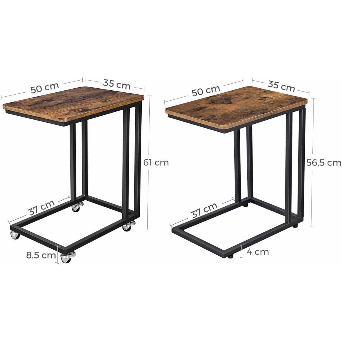 Nancy's Norfolk Bijzettafel op wielen - Industrieel - Bruin / Zwart - Staal - 50 x 35 x 55 cm