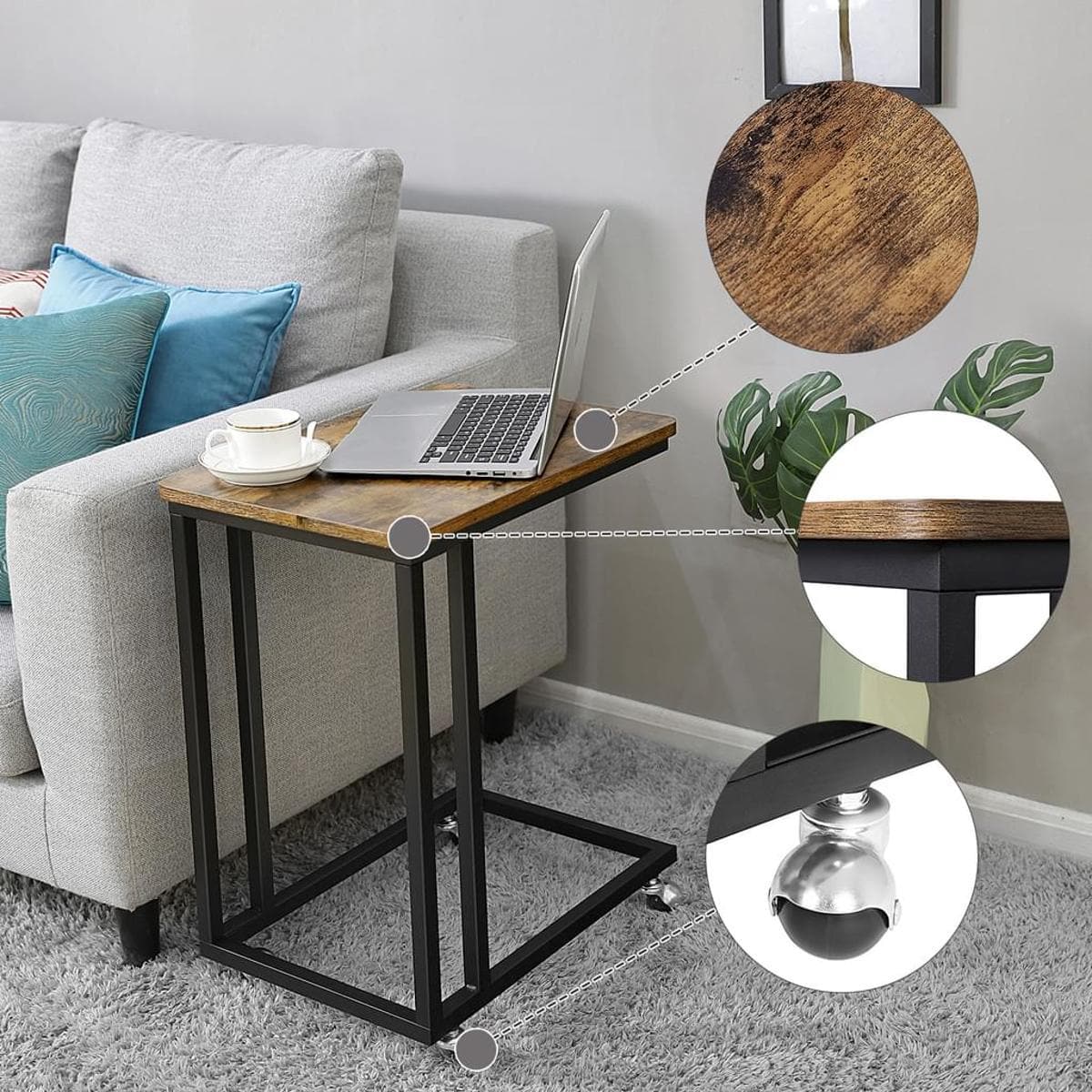 Nancy's Norfolk Bijzettafel op wielen - Industrieel - Bruin / Zwart - Staal - 50 x 35 x 55 cm