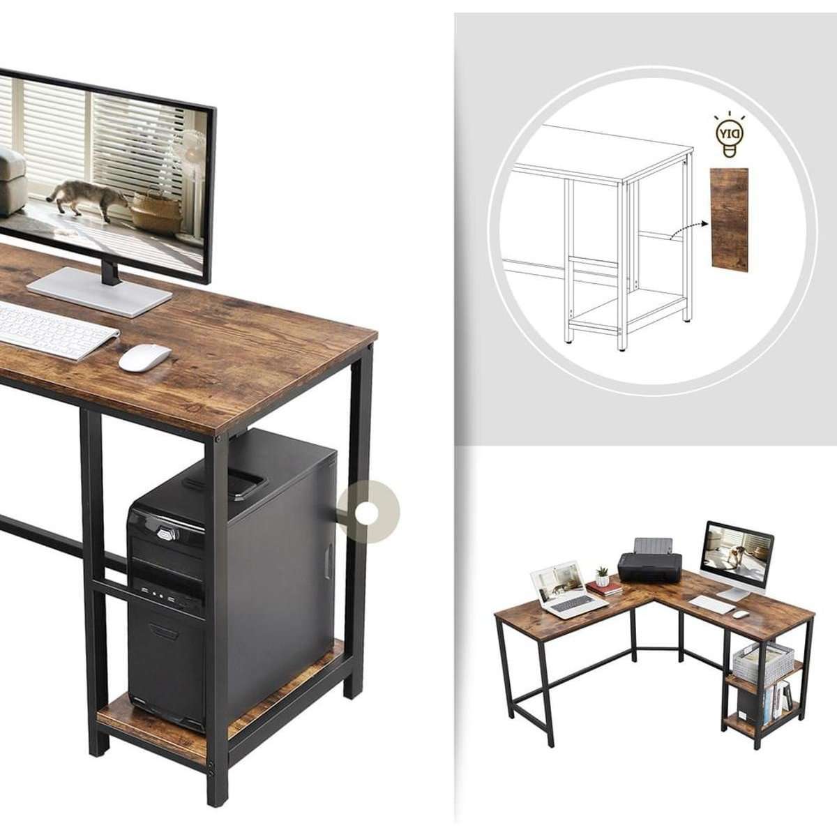 Nancy's Lenox Hill Hoekbureau - Bureau - Computertafel - Bruin / Zwart - ± 140 x 140 x 75 cm