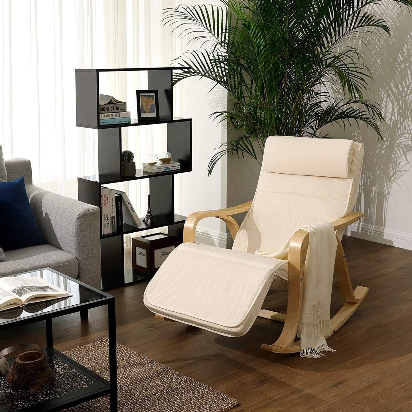 Nancy's Takoma Park Schommelstoel - Relax Stoel - Loungestoel - Ergonomisch - Beige - Katoen / Berkenhout