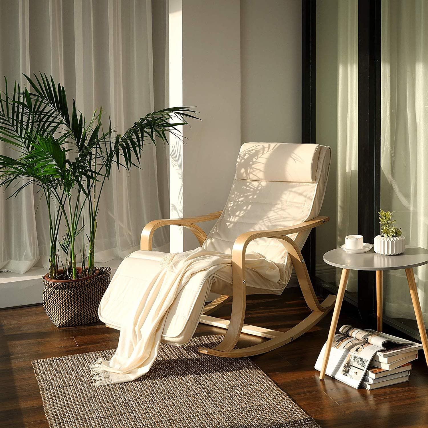 Nancy's Takoma Park Schommelstoel - Relax Stoel - Loungestoel - Ergonomisch - Beige - Katoen / Berkenhout