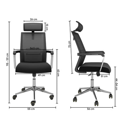 Nancy's Jacksonville Bureaustoel - Draaistoel - Kantelbare Rugleuning - Mesh - Ergonomisch - Hoofdsteun - Zwart - Kunststof - 55 x 56 x 115-131 cm