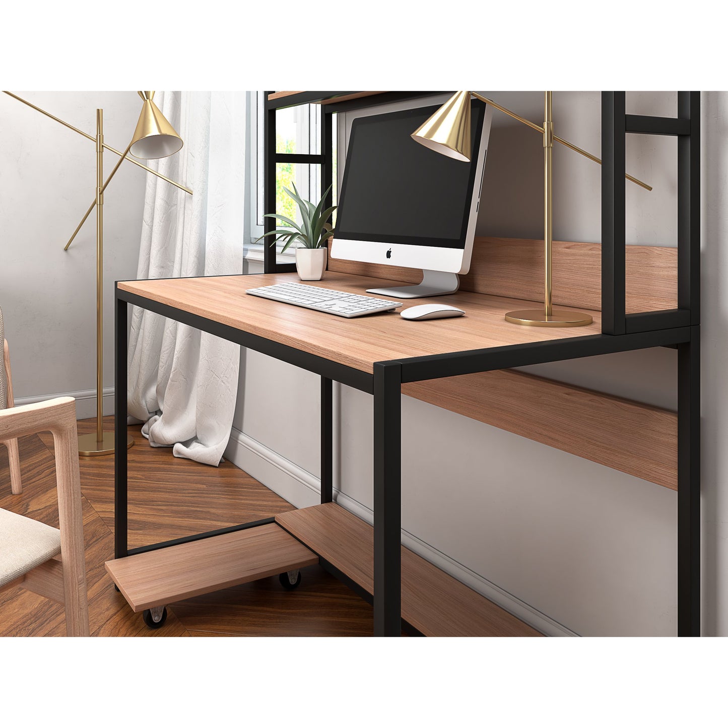 Nancy's Englewood Desk - Computer table - Office table - Storage space - Trolley - Engineered Wood - Steel - Light brown - Black - 120 x 60 x 136 cm (WXDXH)