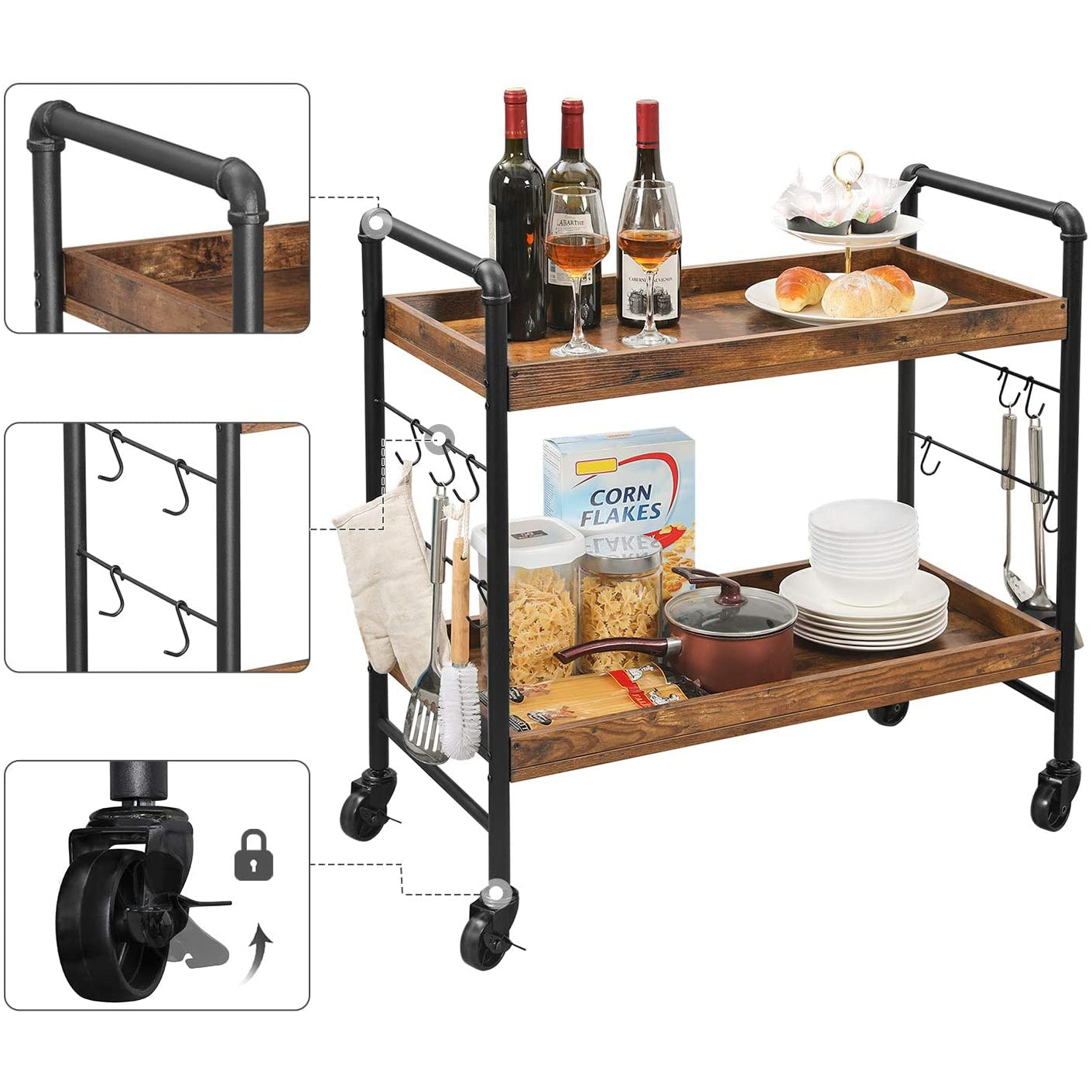 Chariot de cuisine vintage de Nancy - Chariot de service - Chariots de cuisine - Marron rustique - Chariot industriel - 86 x 40 x 85 cm