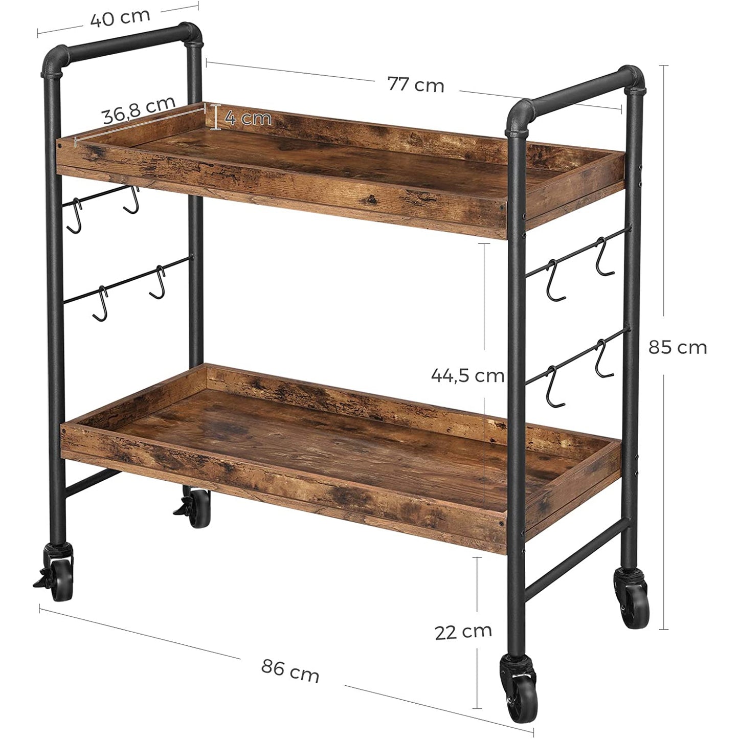 Chariot de cuisine vintage de Nancy - Chariot de service - Chariots de cuisine - Marron rustique - Chariot industriel - 86 x 40 x 85 cm