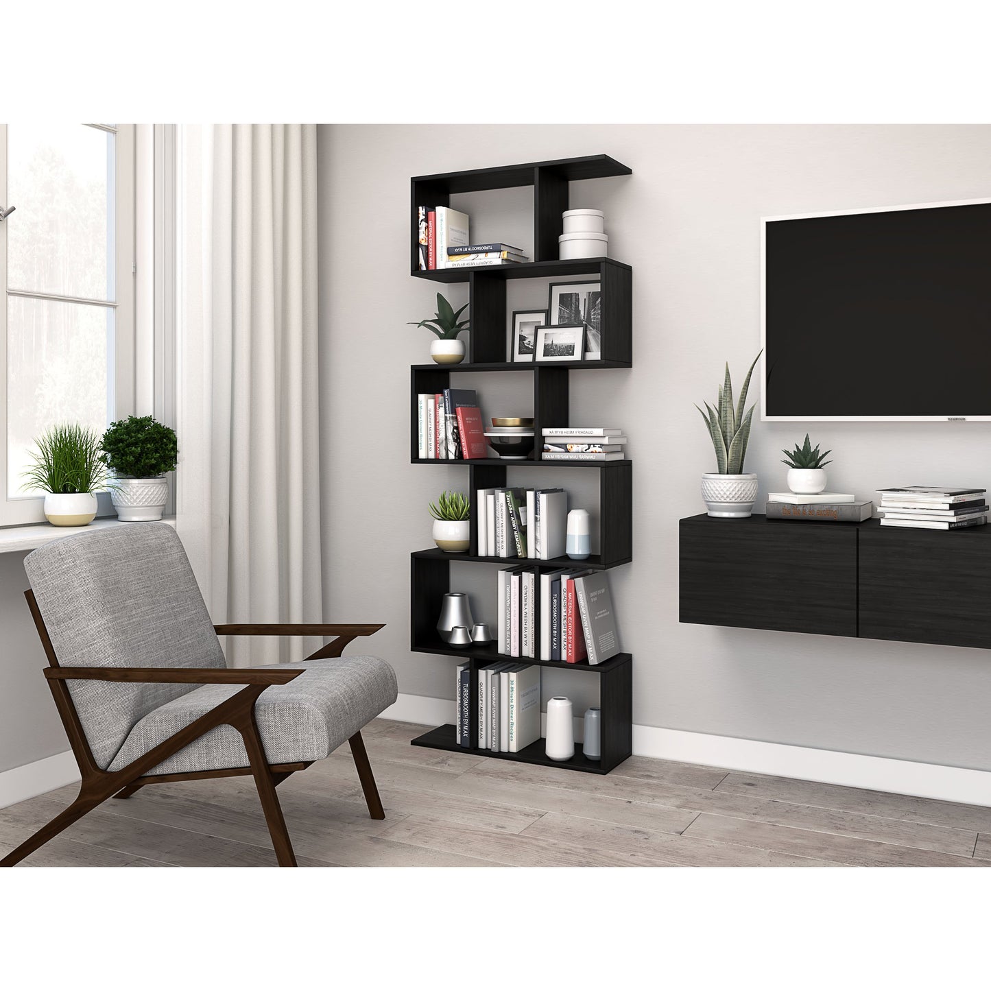 Nancy's Bexley Boekenkast - Open Kast - 6 Vakken - Bewerkt Hout - MDF - Zwart - Bruin - 70 x 23.5 x 190.5 cm