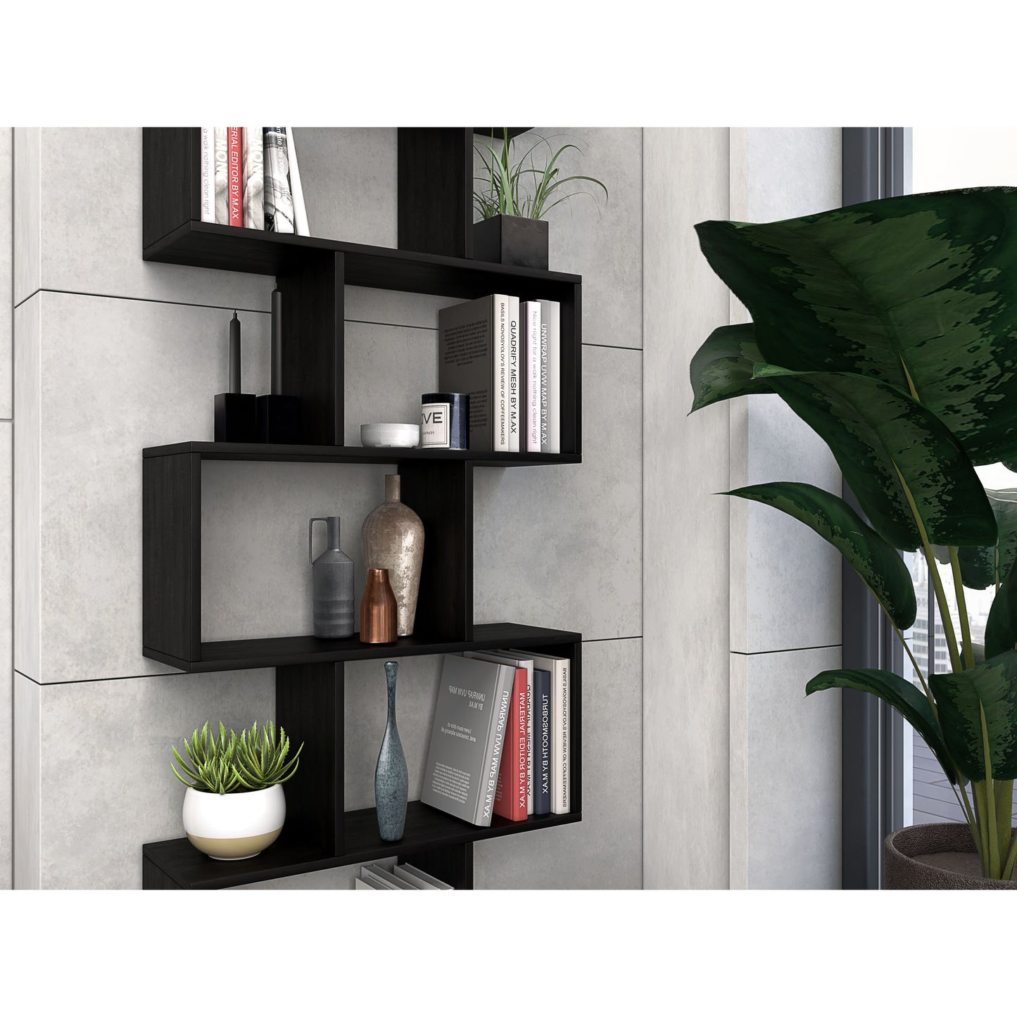 Nancy's Bexley Boekenkast - Open Kast - 6 Vakken - Bewerkt Hout - MDF - Zwart - Bruin - 70 x 23.5 x 190.5 cm