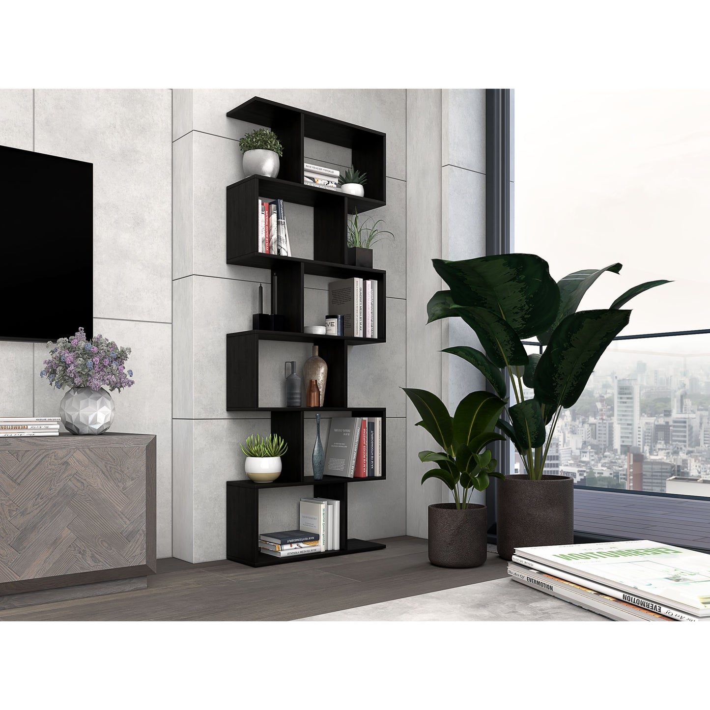 Nancy's Bexley Boekenkast - Open Kast - 6 Vakken - Bewerkt Hout - MDF - Zwart - Bruin - 70 x 23.5 x 190.5 cm
