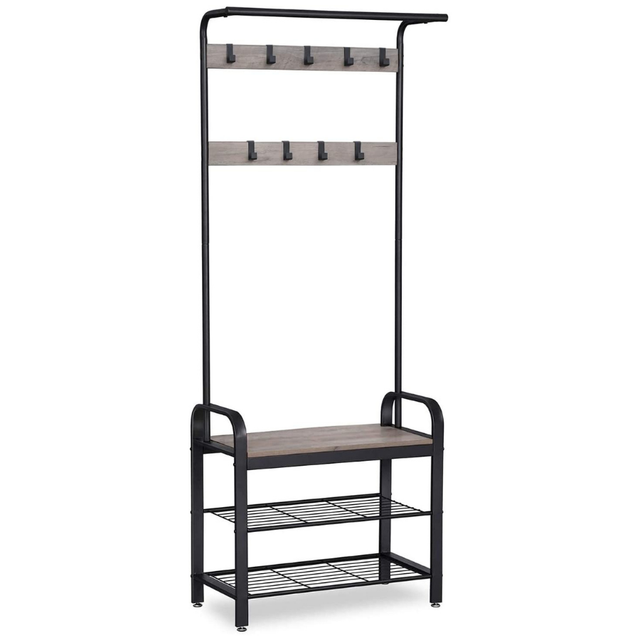 Nancy's Sheffield Garderoberek - Kapstok - Schoenenrek en Bank - Grijs / Zwart - ± 70 x 35 x 180 cm
