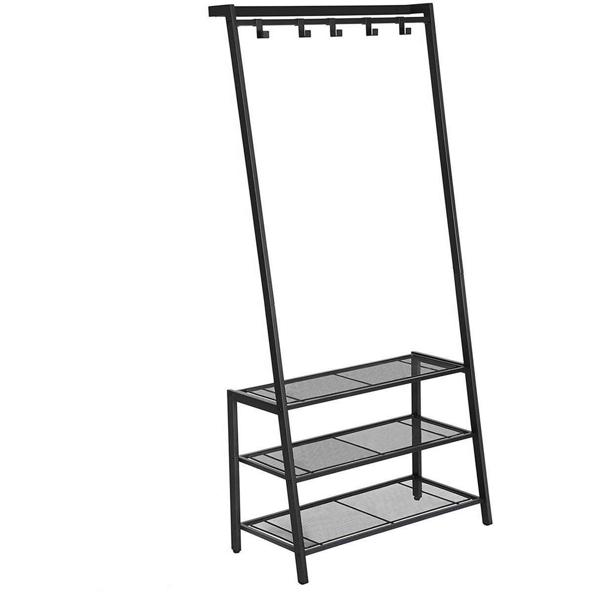 Nancy's Garderoberek met Kapstok Zwart - Schoenenrek 5 Haken en 3 Planken - IJzer - Nancy HomeStore