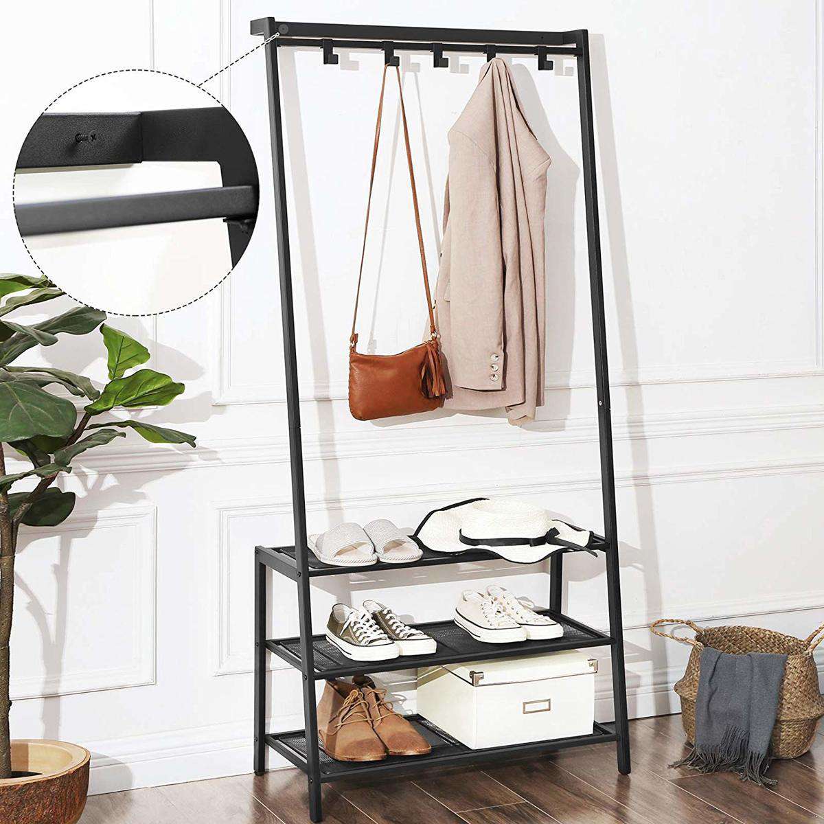 Nancy's Garderoberek met Kapstok Zwart - Schoenenrek 5 Haken en 3 Planken - IJzer - Nancy HomeStore