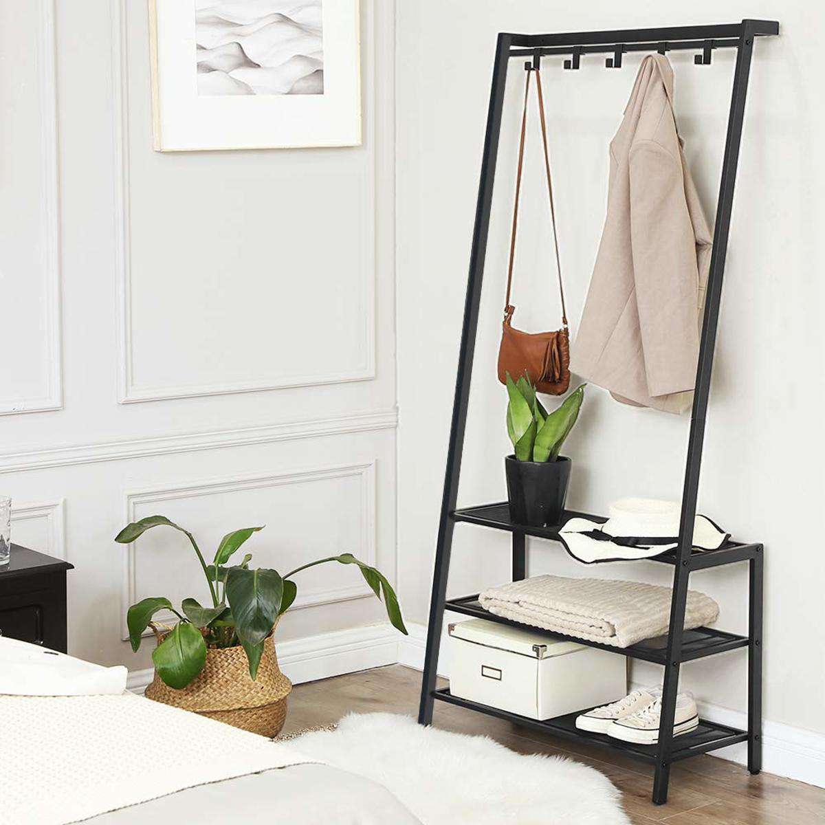 Nancy's Garderoberek met Kapstok Zwart - Schoenenrek 5 Haken en 3 Planken - IJzer - Nancy HomeStore