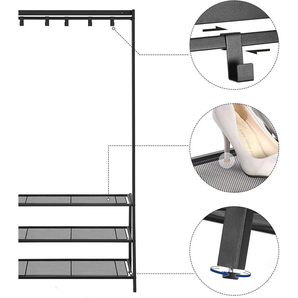 Nancy's Garderoberek met Kapstok Zwart - Schoenenrek 5 Haken en 3 Planken - IJzer - Nancy HomeStore